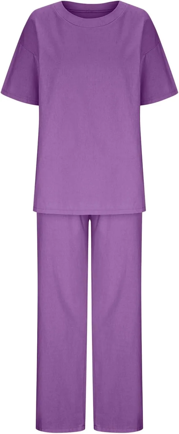 Binmer Women's Summer Linen Loungewear Pajamas Set 2 Piece Outfits Plus Size Short Sleeve Tops Wide Leg Pants Set W/Pockets