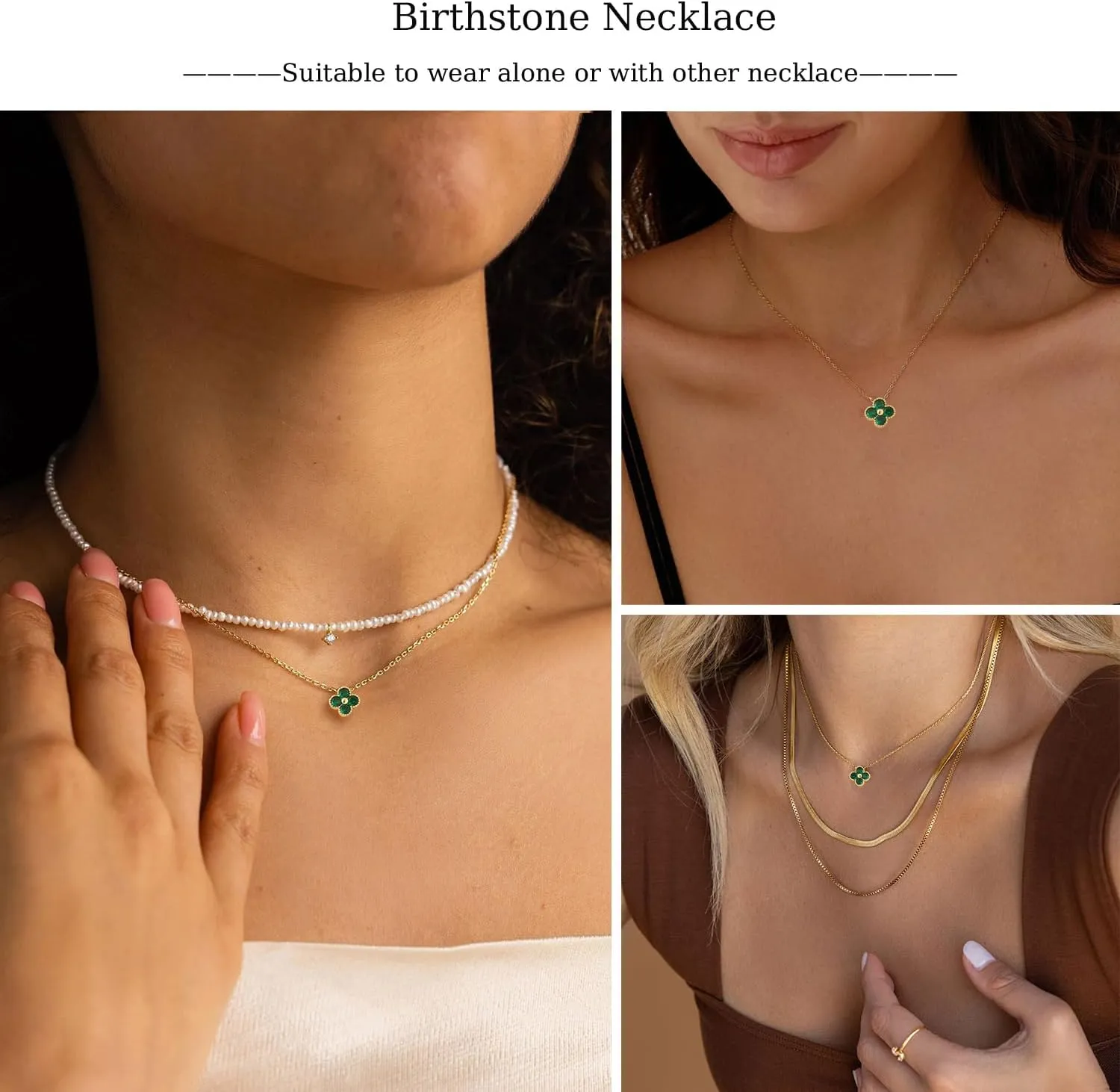 Birthstone Necklace for Women Non Tarnish 14K Gold Plated Four Leaf Clover Necklace Dainty Gold Choker Necklaces for Women Trendy CZ Emerald Pendant Necklace Jewelry Birthday Gifts for Women