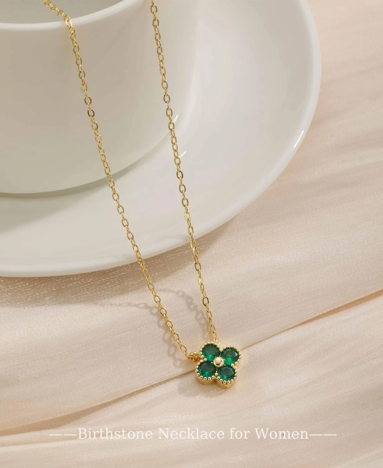 Birthstone Necklace for Women Non Tarnish 14K Gold Plated Four Leaf Clover Necklace Dainty Gold Choker Necklaces for Women Trendy CZ Emerald Pendant Necklace Jewelry Birthday Gifts for Women
