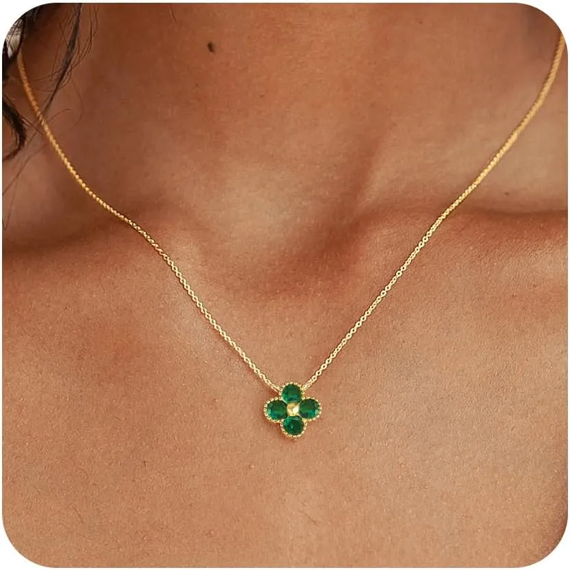 Birthstone Necklace for Women Non Tarnish 14K Gold Plated Four Leaf Clover Necklace Dainty Gold Choker Necklaces for Women Trendy CZ Emerald Pendant Necklace Jewelry Birthday Gifts for Women