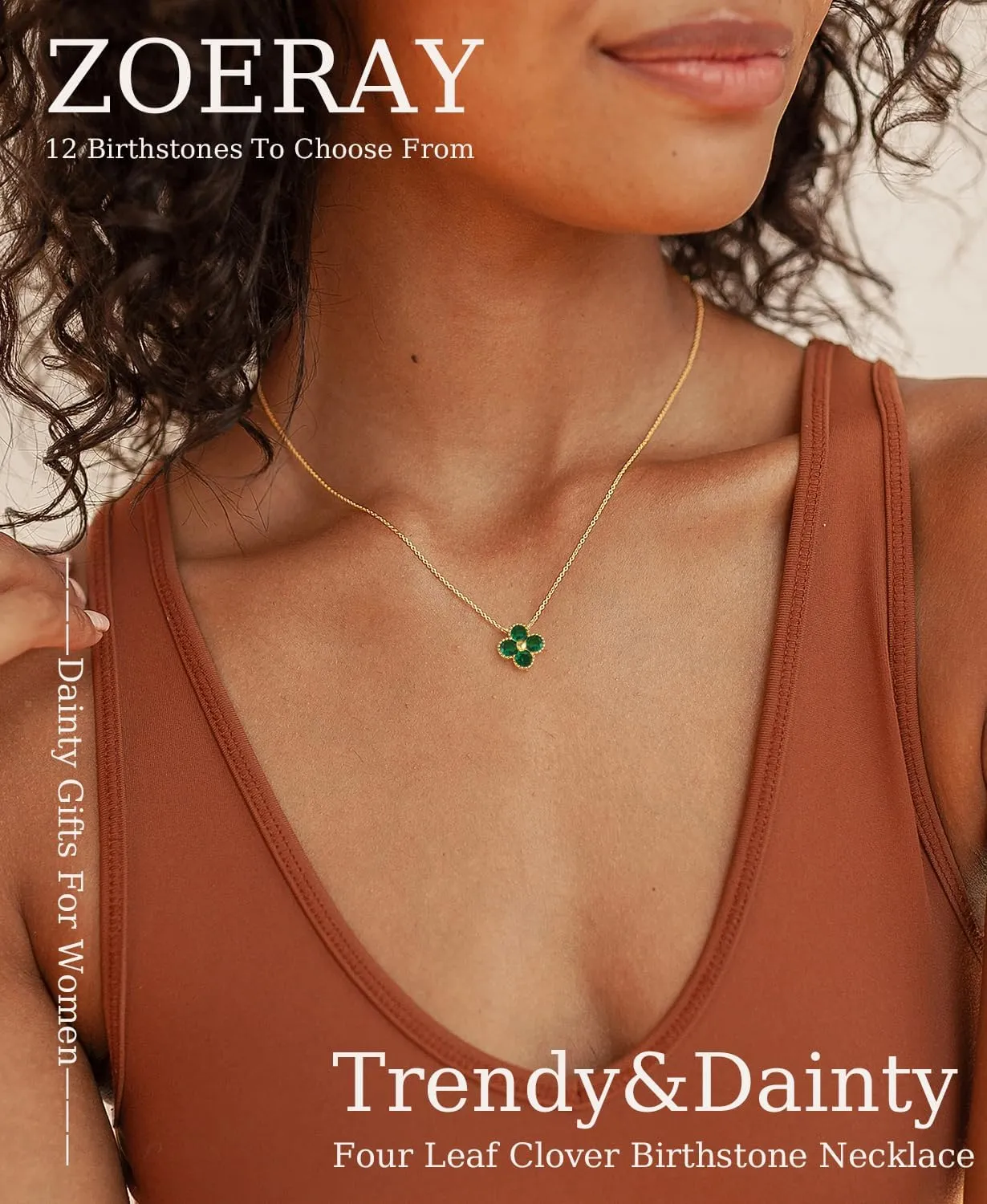 Birthstone Necklace for Women Non Tarnish 14K Gold Plated Four Leaf Clover Necklace Dainty Gold Choker Necklaces for Women Trendy CZ Emerald Pendant Necklace Jewelry Birthday Gifts for Women