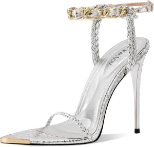 Black Pumps for Women Gold Chain Ankle Strap Open Toe Pointed Toe Stiletto High Heels for Formal Events Weddings Parties and Evening Wear