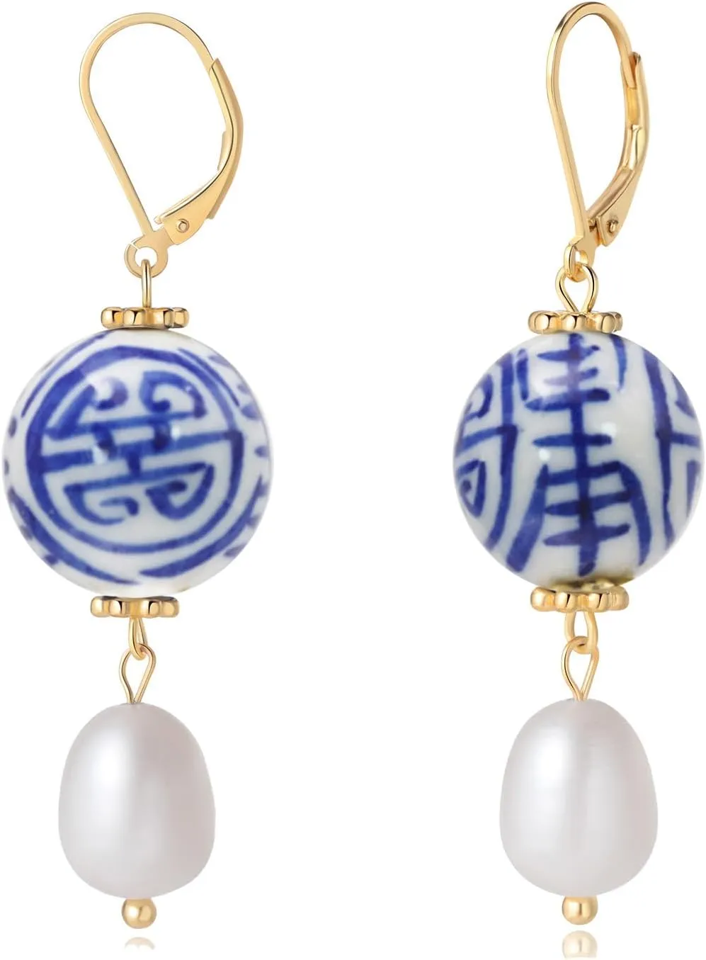 Blue and White Porcelain Handmade Ceramic Freshwater Pearl Dangle Drop Earrings - Gold Huggie Leverback Clay Blue Earrings for Women