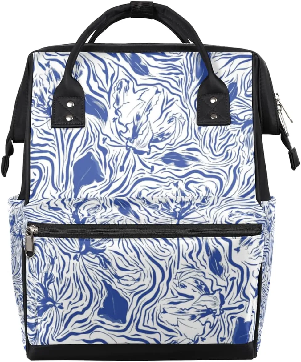 Blue White Abstract Hand Painted Flowers Diaper Bag Tote Large Capacity Waterproof with Adjustable Shoulder Strap and Pram Straps Mommy Bag for Hospital Beach Weekender Travel