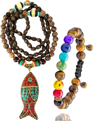 Bohemian Beaded Necklace for Women Long Boho Pendant Wood Mala Beads Wooden Strand Tassel Stone Bohemian Necklaces for Women Jewelry