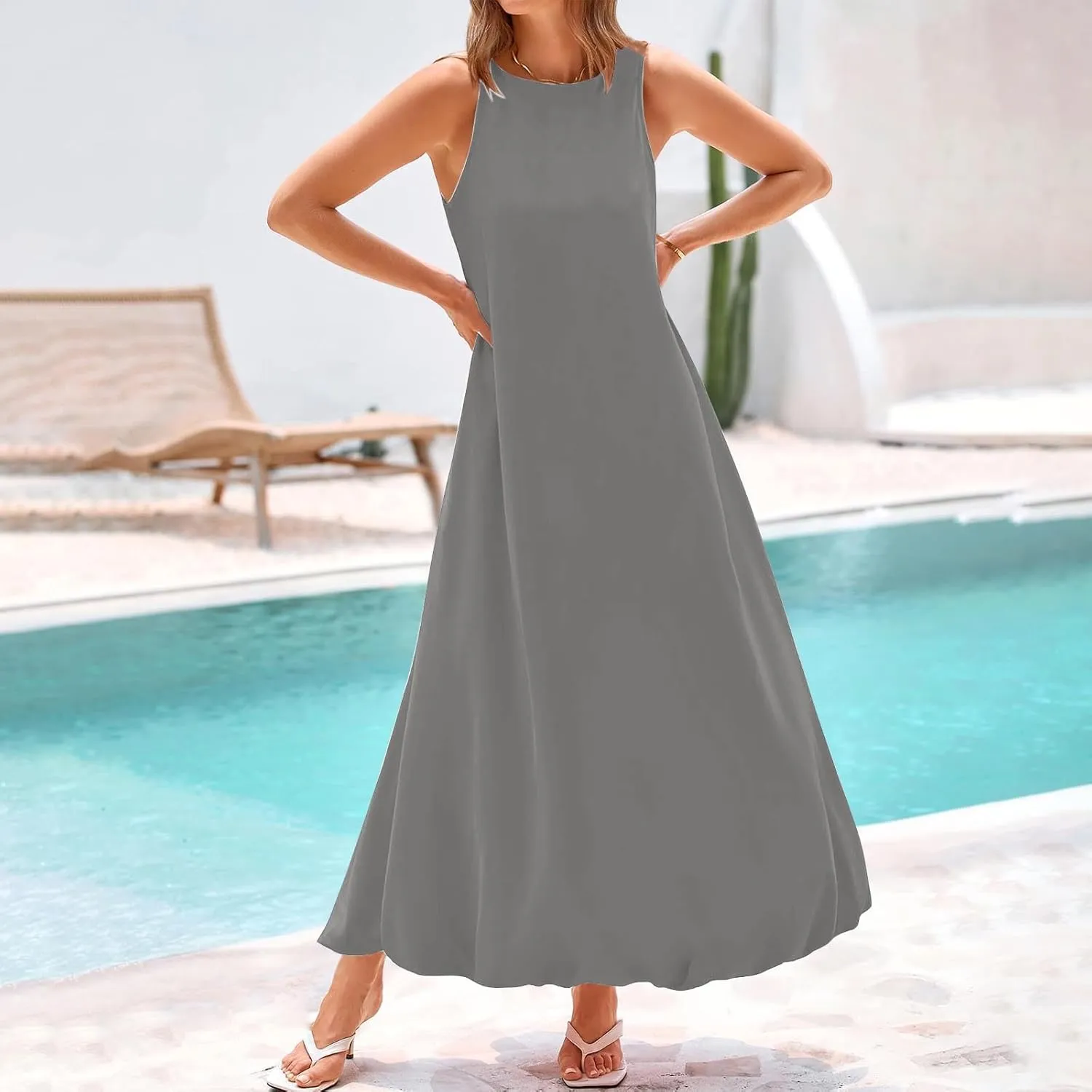 Boho Long Dress for Women Sleeveless Summer Flowy Tank Dress Casual Beach Vacation Maxi Dress A Line Swing Sundress