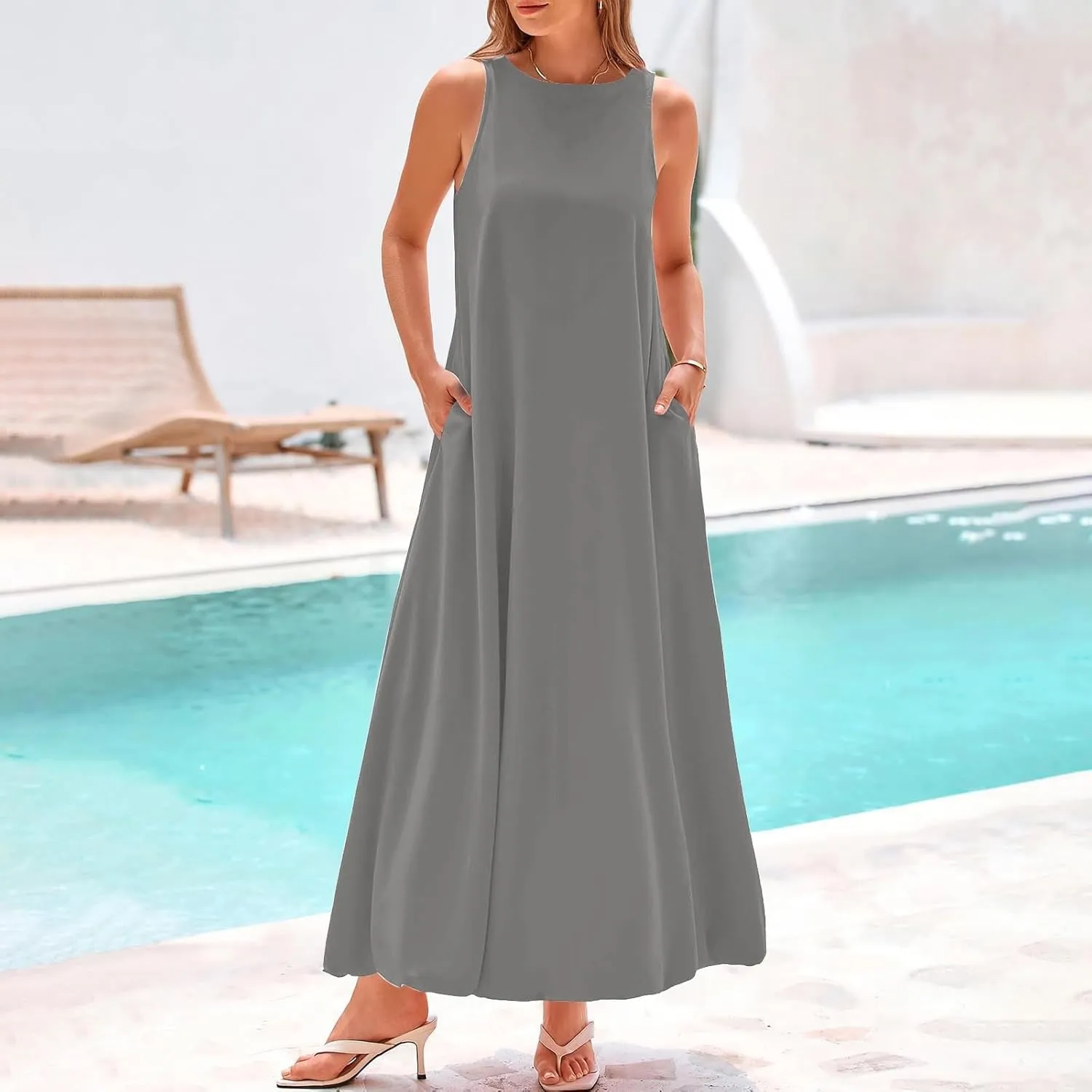 Boho Long Dress for Women Sleeveless Summer Flowy Tank Dress Casual Beach Vacation Maxi Dress A Line Swing Sundress