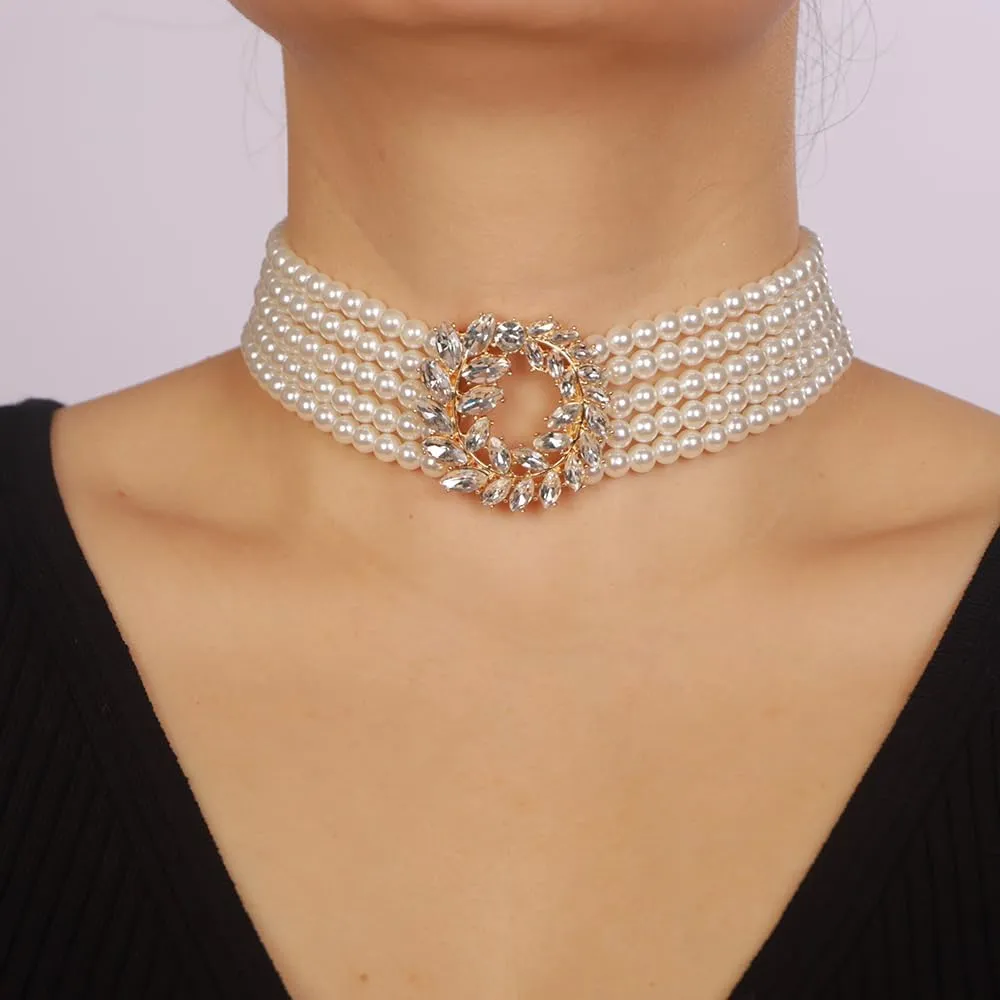Boho Women Multilayer 1920s Rhinestone Necklaces Leaf Gold Silver Dainty Pearls Layered Choker Necklaces Fashion Red Pink Chunky Pendant Multilayer Adjustable Layering Chain Necklaces for Women