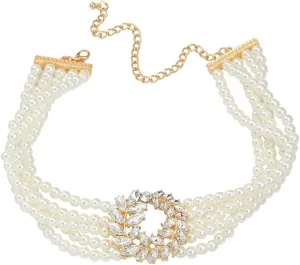 Boho Women Multilayer 1920s Rhinestone Necklaces Leaf Gold Silver Dainty Pearls Layered Choker Necklaces Fashion Red Pink Chunky Pendant Multilayer Adjustable Layering Chain Necklaces for Women
