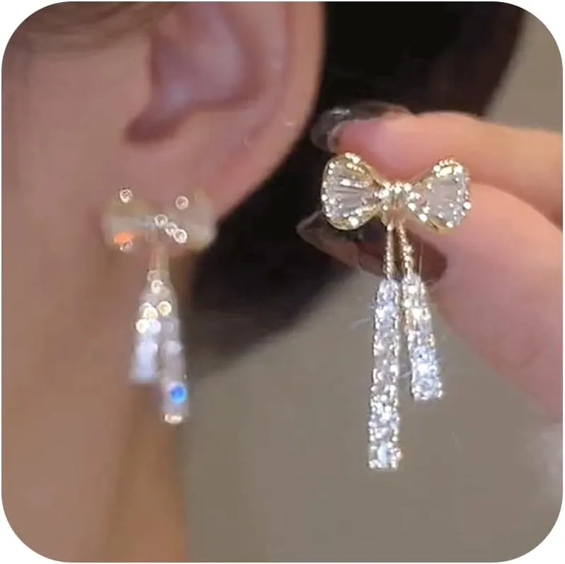 Bow Earrings Pearl Bow Earrings Rhinestone Bow Earrings Gold Ribbon Dangle Earrings Trendy Bow Stuff Jewelry Gifts for Women