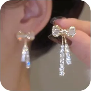Bow Earrings Pearl Bow Earrings Rhinestone Bow Earrings Gold Ribbon Dangle Earrings Trendy Bow Stuff Jewelry Gifts for Women