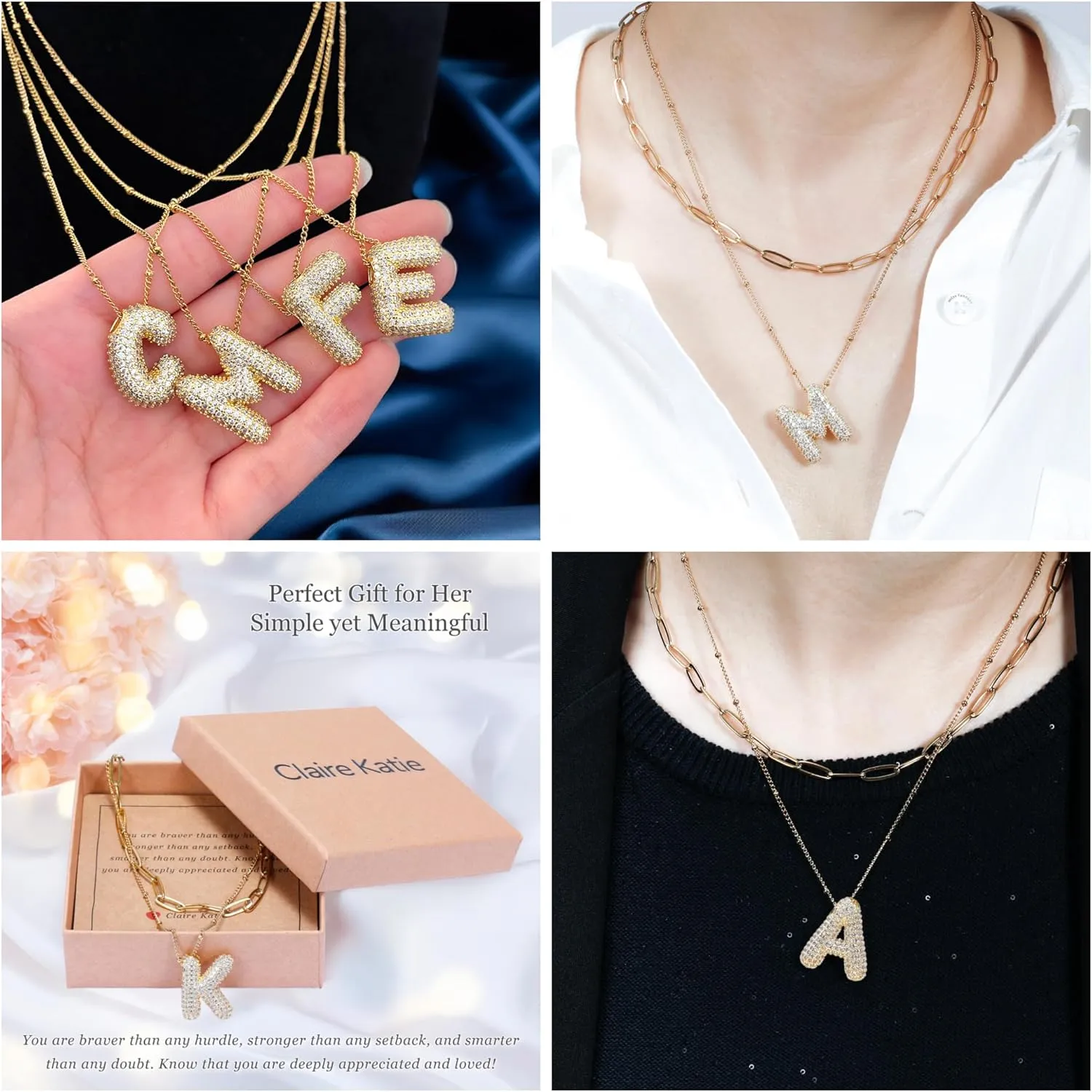 Bubble Letter Initial Necklace 14K Gold Layered Necklaces For Women Dainty Balloon Alphabet Pendant Necklaces Gift For Her