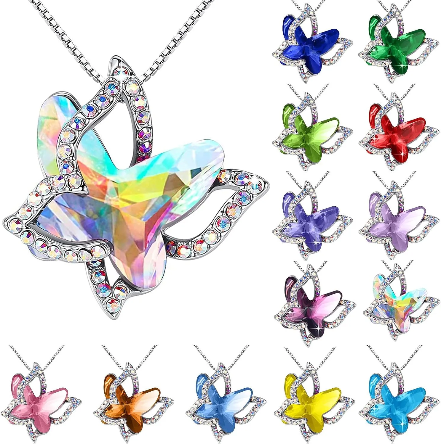 Butterfly Birthstone Crystal Necklace,925 Sterling Silver Butterflies Crystal Pendant Chain Xmas Mothers Day Gift for Women