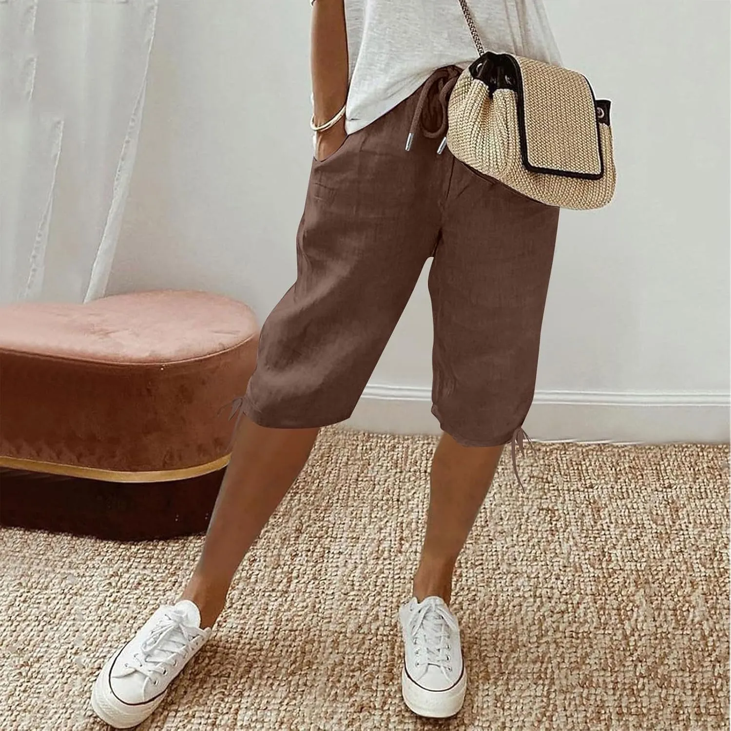 Capris Pants for Women 2025 Summer Cotton Linen Pant Lightweight High Waist Baggy Casual Cropped Trousers w/Pockets