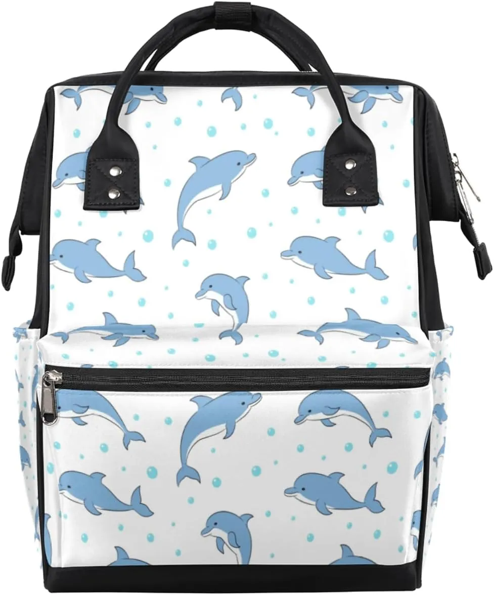 Cartoon Dolphins Diaper Bag Tote Large Capacity Waterproof with Adjustable Shoulder Strap and Pram Straps Mommy Bag for Hospital Beach Weekender Travel
