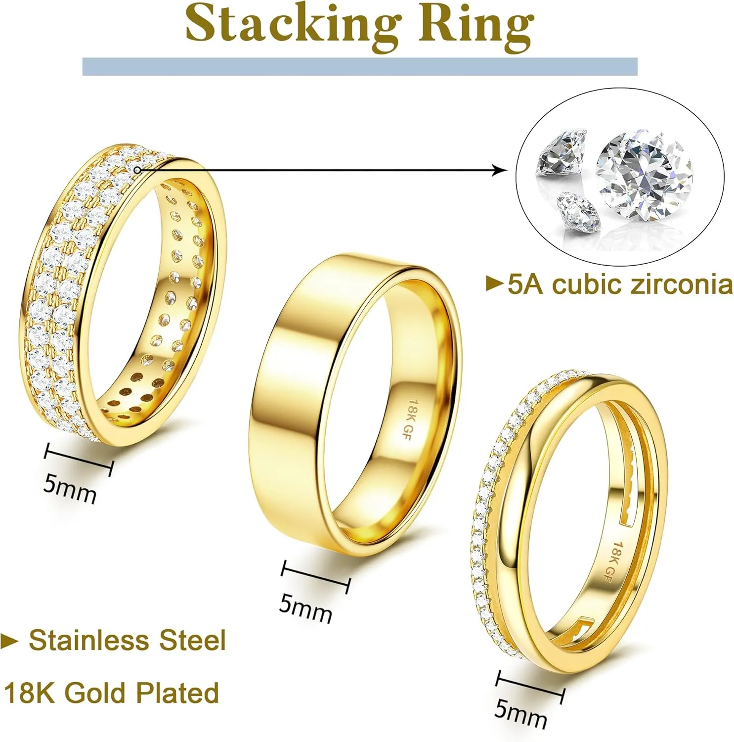 CASSIECA Stackable Gold Rings for Women Non Tarnish Dainty 18K Gold Plated Stacking Rings Set for Women Cubic Zirconia Thumb Wedding Engagement Bands Gold Rings Size 5-10