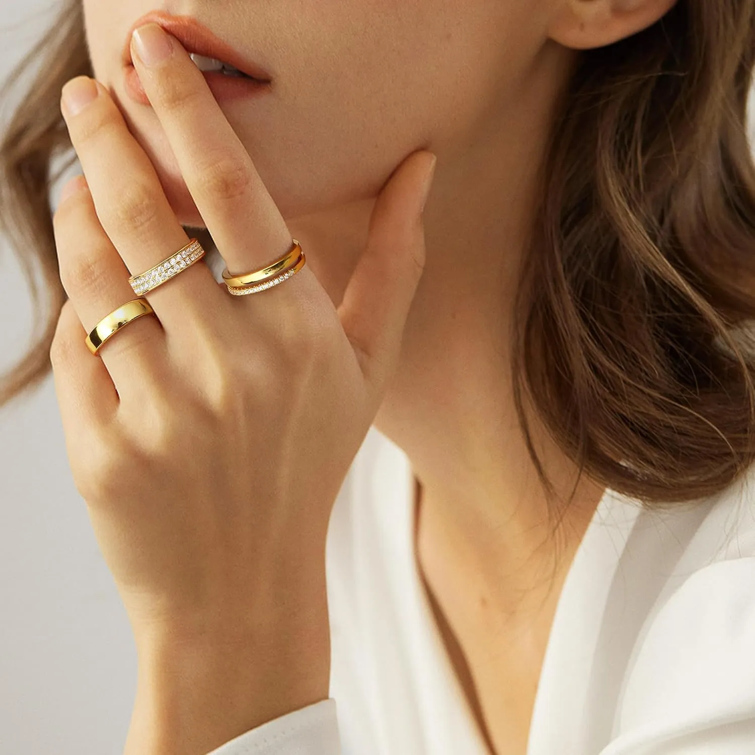 CASSIECA Stackable Gold Rings for Women Non Tarnish Dainty 18K Gold Plated Stacking Rings Set for Women Cubic Zirconia Thumb Wedding Engagement Bands Gold Rings Size 5-10