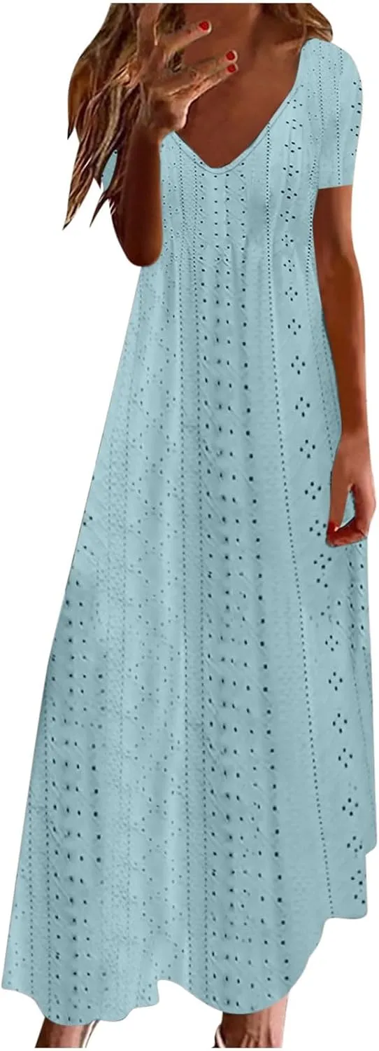 Ceboyel Women Boho Summer Causal Maxi Dresses Trendy Eyelet Short Sleeve Dress Beach Vacation Dresses 2024 Bohemian Clothes