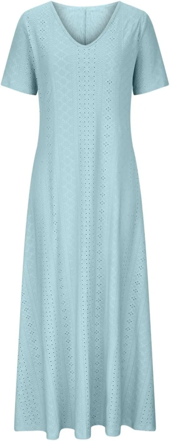 Ceboyel Women Boho Summer Causal Maxi Dresses Trendy Eyelet Short Sleeve Dress Beach Vacation Dresses 2024 Bohemian Clothes