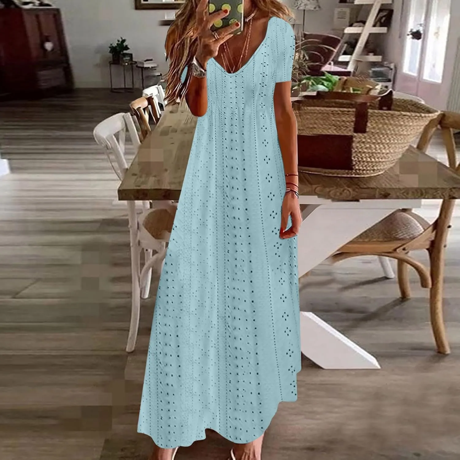 Ceboyel Women Boho Summer Causal Maxi Dresses Trendy Eyelet Short Sleeve Dress Beach Vacation Dresses 2024 Bohemian Clothes