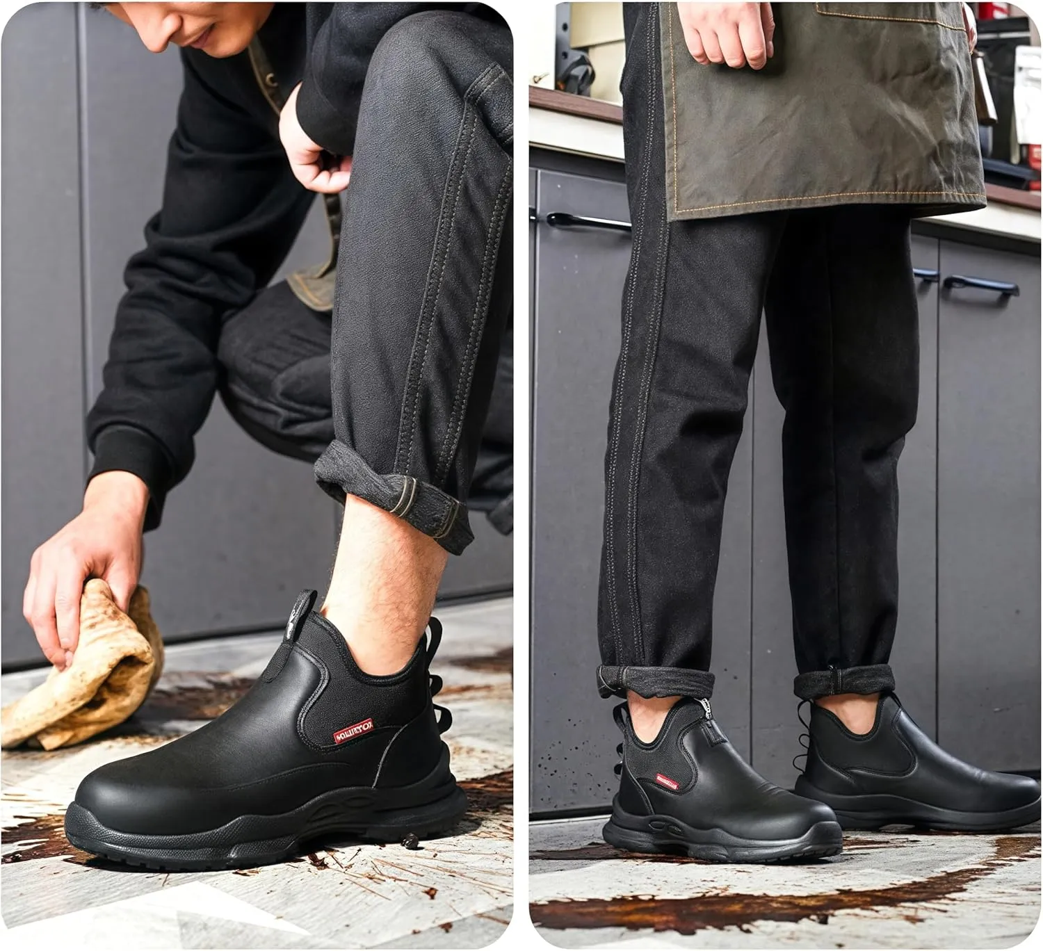Chef Work Boots for Men, Leather Non Slip Food Service Shoes, for Kitchen, Restaurant, Water&Oil Resistant, Comfortable, Lightweight
