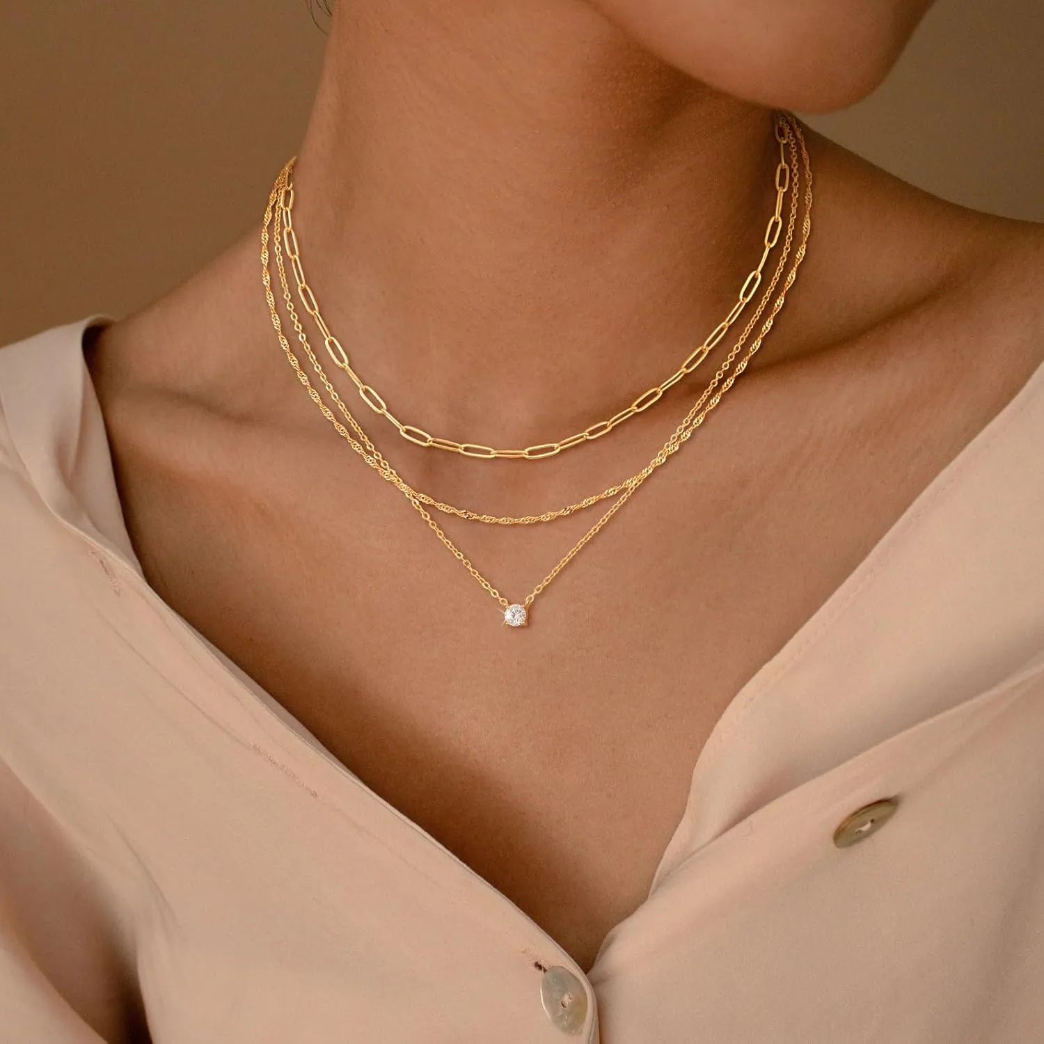CHESKY Layered Gold Necklaces for Women, Dainty 14K Real Gold/Silver Plated Chain Necklace Diamond CZ Pendant Necklace for Women Adjustable Layering Choker Necklace Gold jewelry for Women Gifts