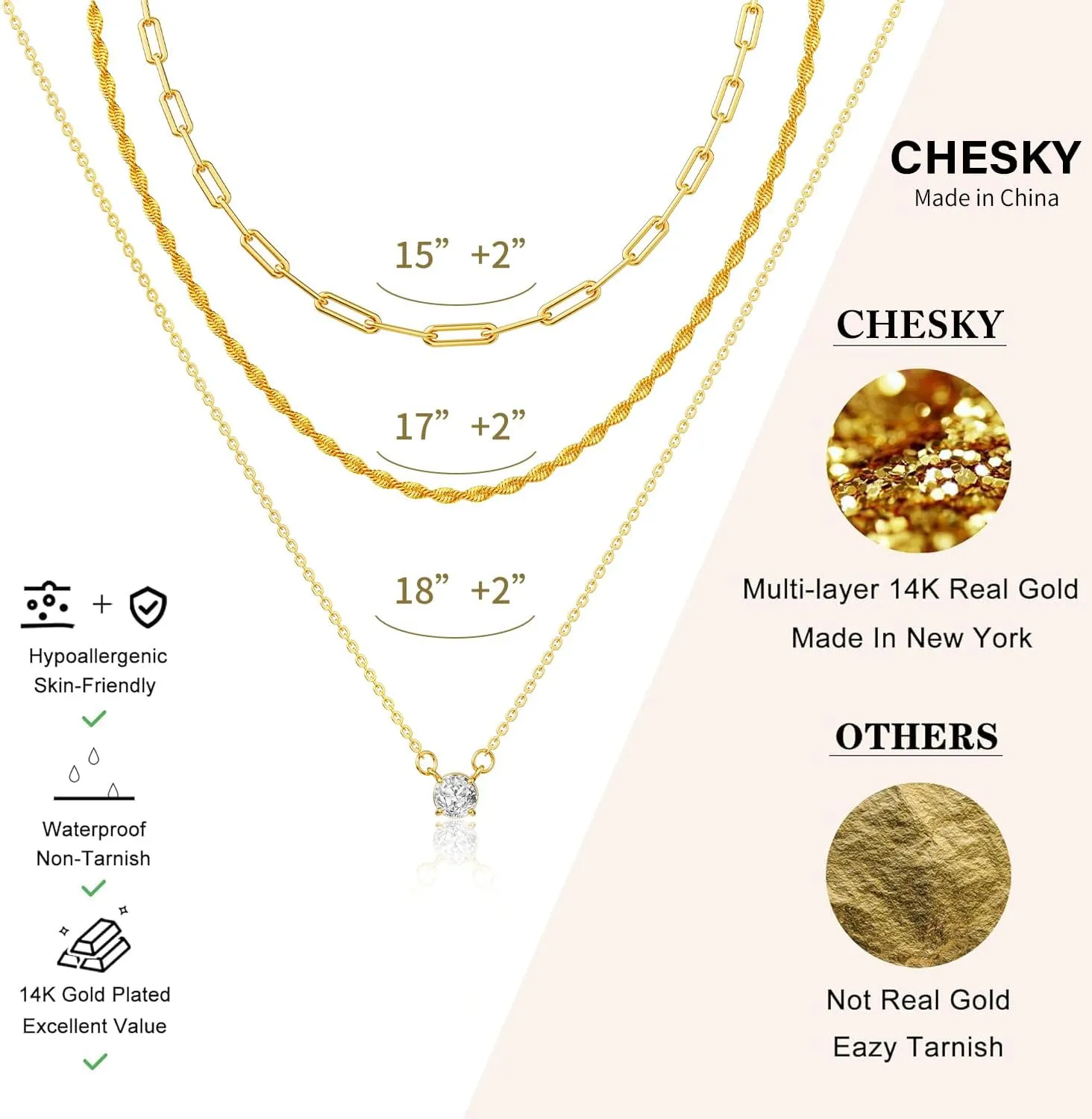 CHESKY Layered Gold Necklaces for Women, Dainty 14K Real Gold/Silver Plated Chain Necklace Diamond CZ Pendant Necklace for Women Adjustable Layering Choker Necklace Gold jewelry for Women Gifts