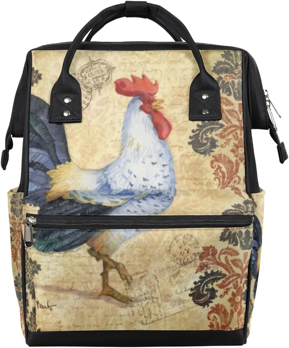 Chicken Rooster Pattern Diaper Bag Tote Large Capacity Waterproof with Adjustable Shoulder Strap and Pram Straps Mommy Bag for Hospital Beach Weekender Travel
