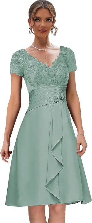 Chiffon Lace Mother of The Bride Dresses with Sleeves Ruffle Short Evening Gown V Neck Formal Dress for Wedding