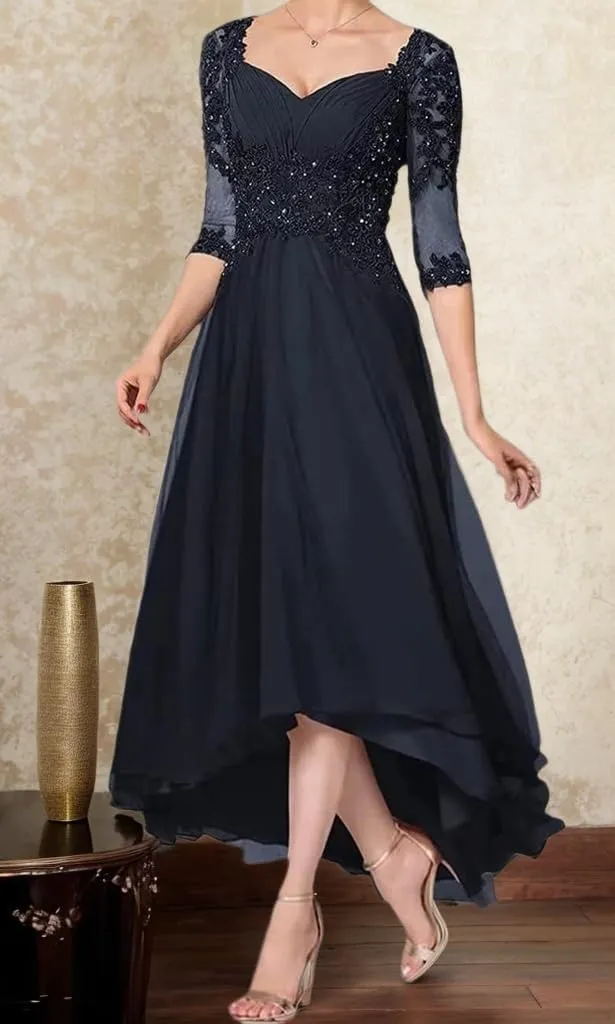 Chiffon Mother of The Bride Dresses Lace Appliques Formal Evening Gown Half Sleeves Mother of Groom Dress