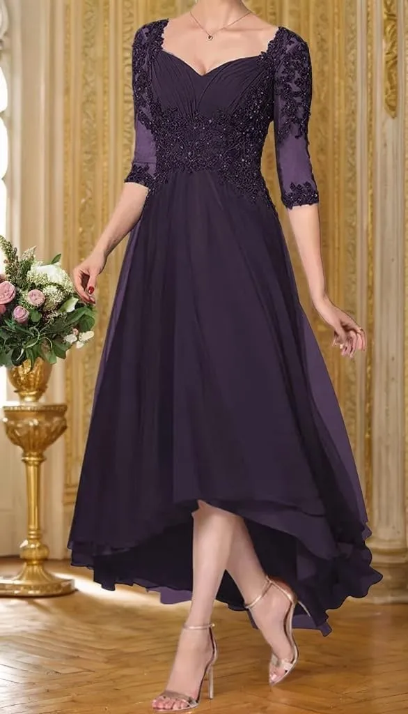 Chiffon Mother of The Bride Dresses Lace Appliques Formal Evening Gown Half Sleeves Mother of Groom Dress