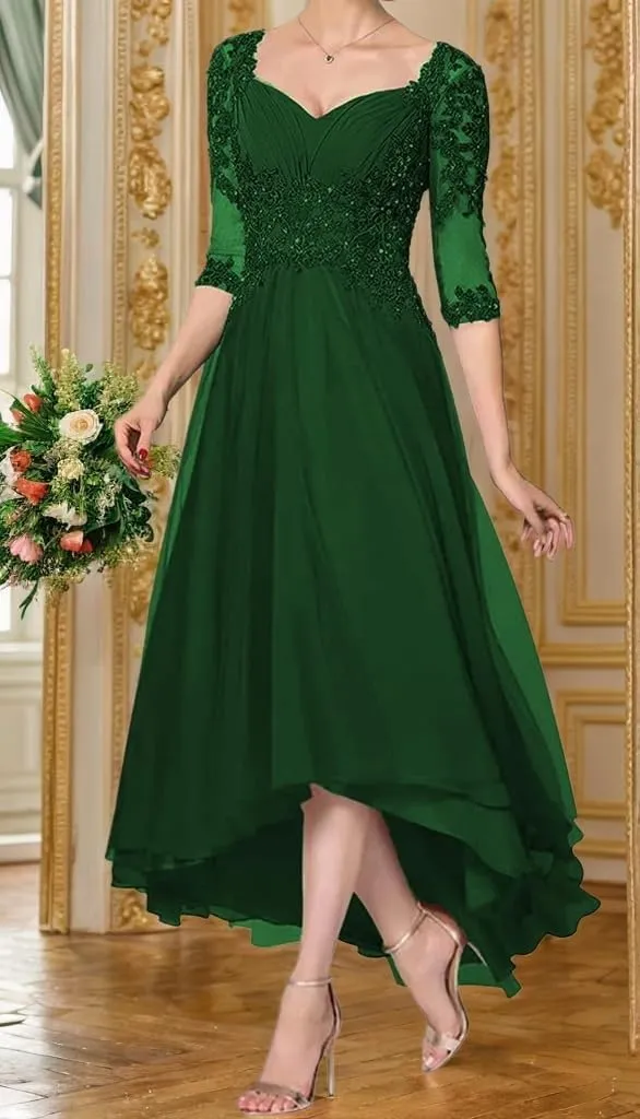 Chiffon Mother of The Bride Dresses Lace Appliques Formal Evening Gown Half Sleeves Mother of Groom Dress