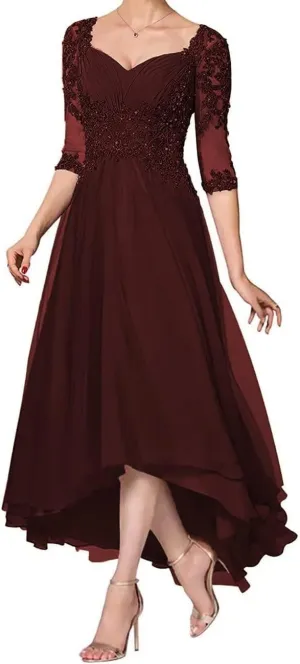 Chiffon Mother of The Bride Dresses Lace Appliques Formal Evening Gown Half Sleeves Mother of Groom Dress