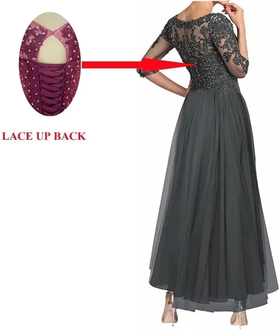 Chiffon Mother of The Bride Dresses Lace Appliques Formal Evening Gown Half Sleeves Mother of Groom Dress