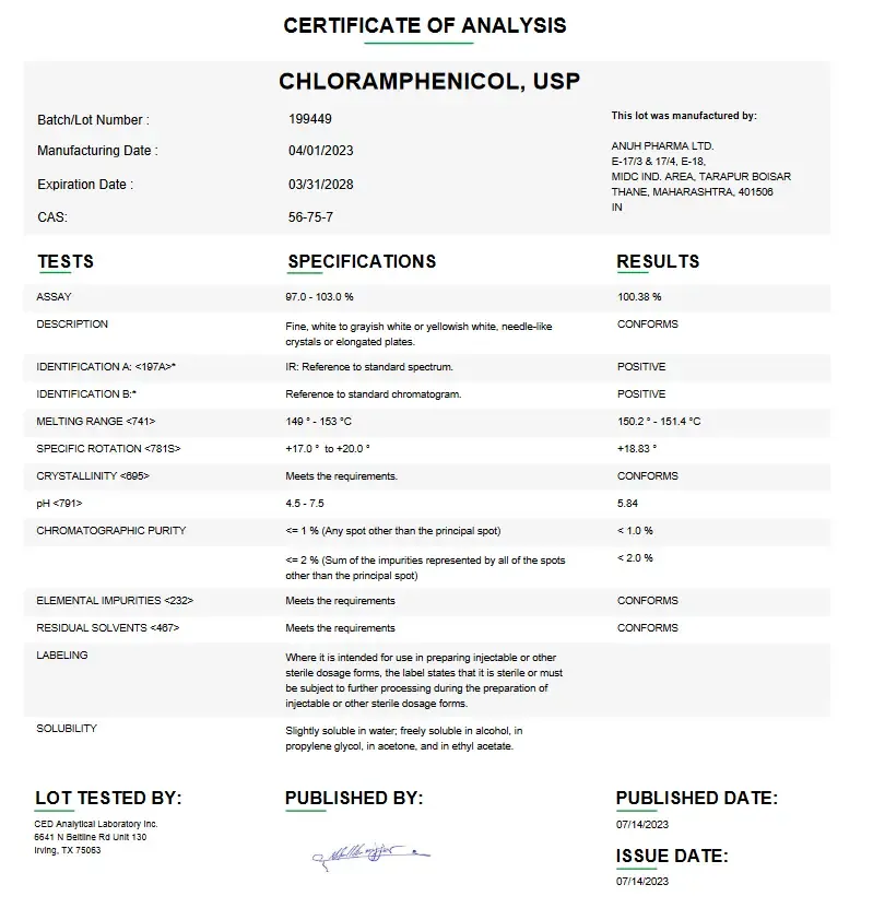 Chloramphenicol USP For Compounding (API)