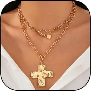 Chunky Cross Pendant Necklace Gold Cross Statement Necklace Chunky Chain Necklaces Vintage Gold Layered Necklaces for Women Men Jewelry