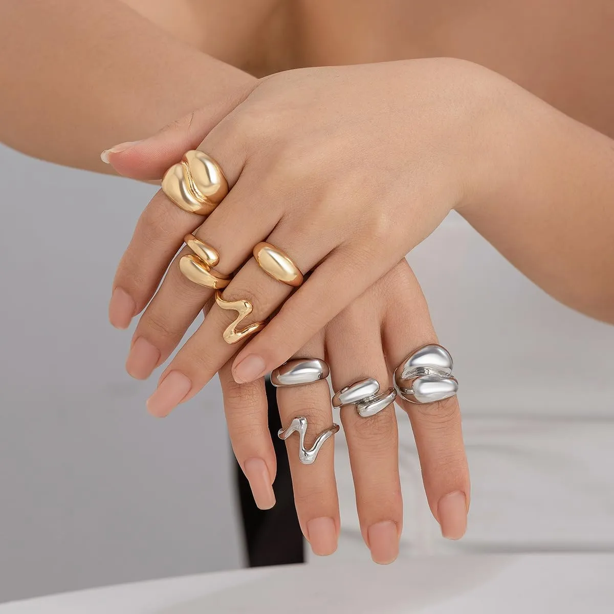 Chunky Gold and Silver Rings for Women - Adjustable Statement Open Bold Thick Stackable Rings Set - Gold Plated Jewelry