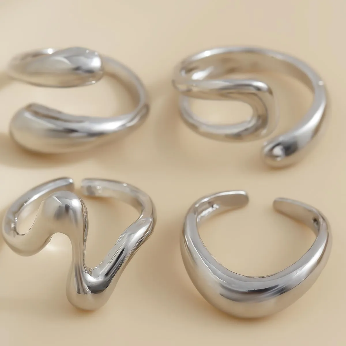 Chunky Gold and Silver Rings for Women - Adjustable Statement Open Bold Thick Stackable Rings Set - Gold Plated Jewelry