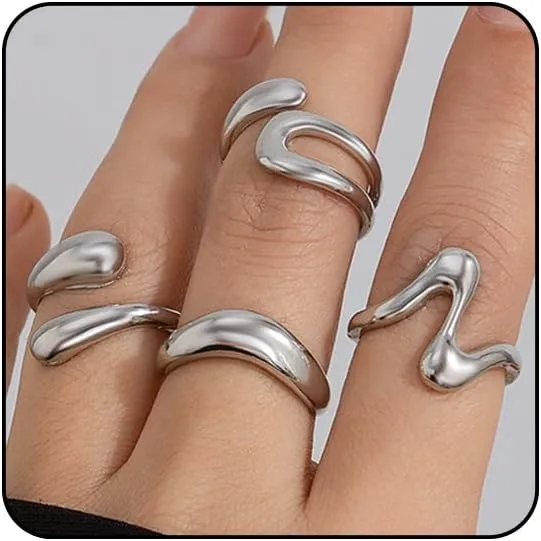 Chunky Gold and Silver Rings for Women - Adjustable Statement Open Bold Thick Stackable Rings Set - Gold Plated Jewelry