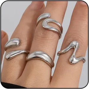 Chunky Gold and Silver Rings for Women - Adjustable Statement Open Bold Thick Stackable Rings Set - Gold Plated Jewelry