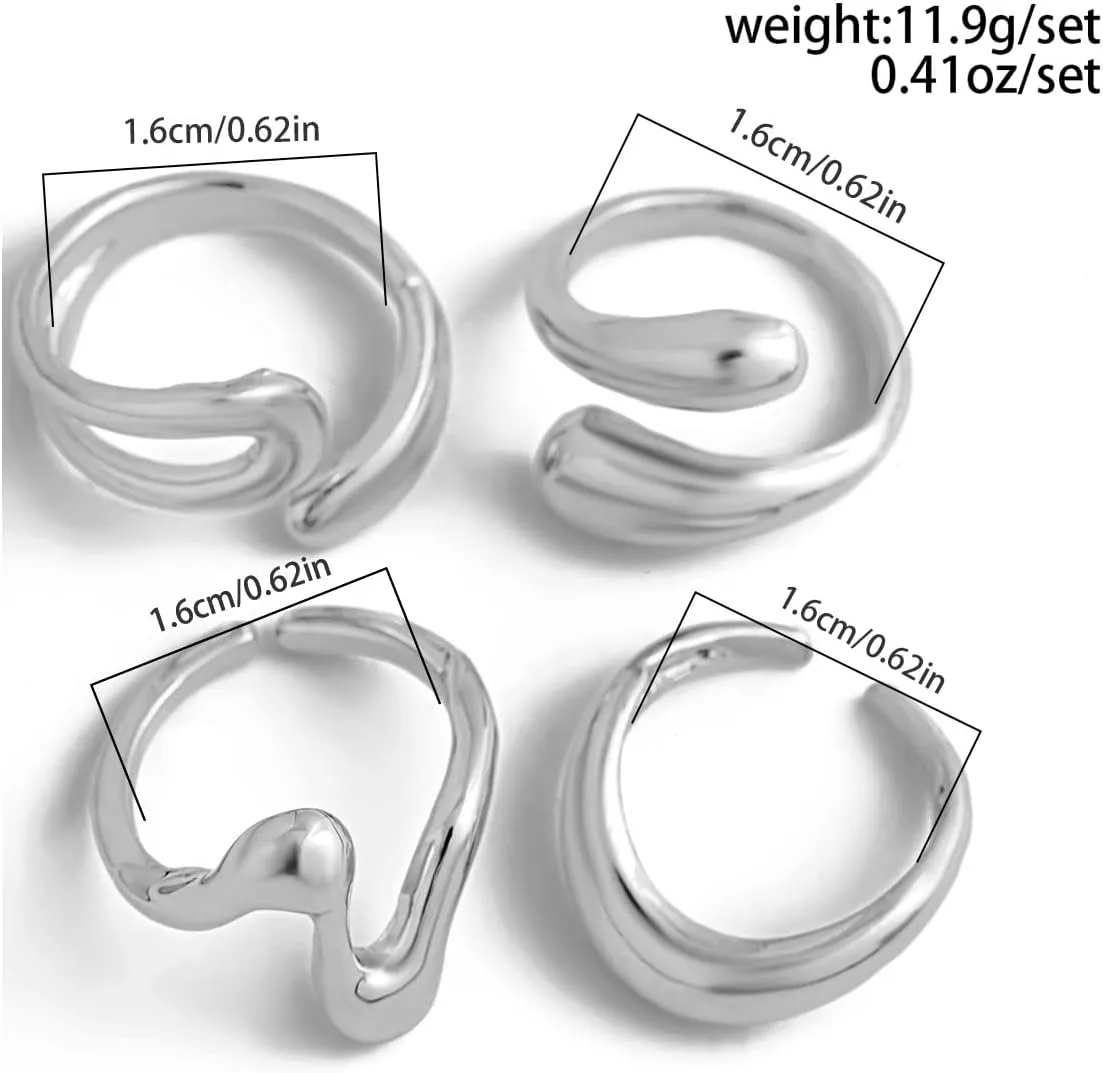 Chunky Gold and Silver Rings for Women - Adjustable Statement Open Bold Thick Stackable Rings Set - Gold Plated Jewelry