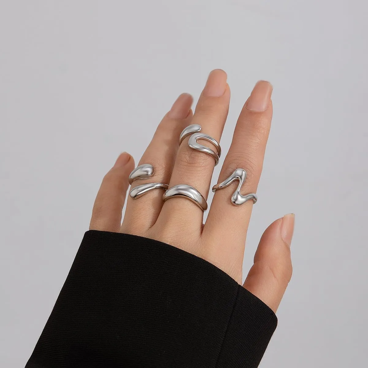 Chunky Gold and Silver Rings for Women - Adjustable Statement Open Bold Thick Stackable Rings Set - Gold Plated Jewelry