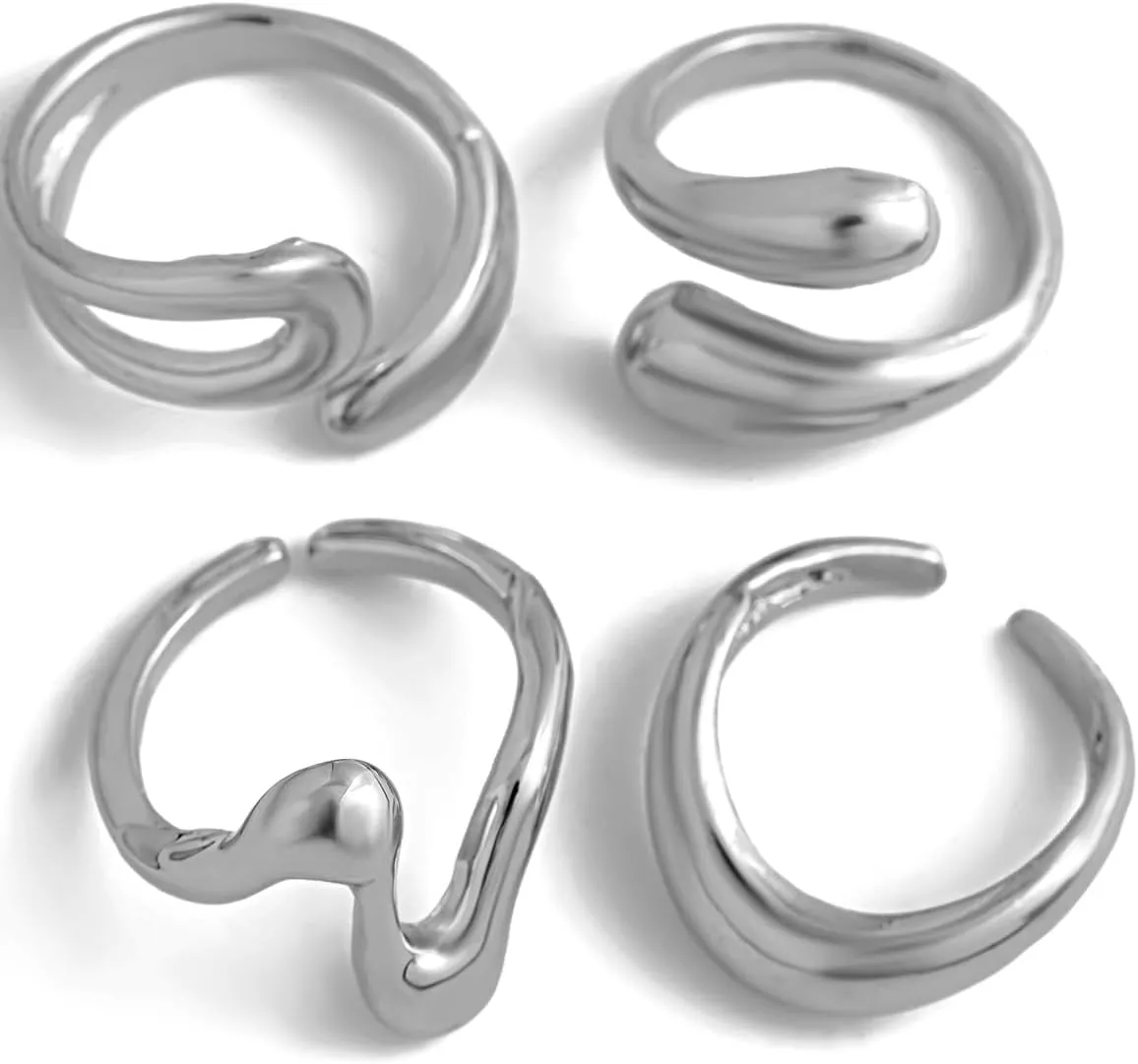 Chunky Gold and Silver Rings for Women - Adjustable Statement Open Bold Thick Stackable Rings Set - Gold Plated Jewelry