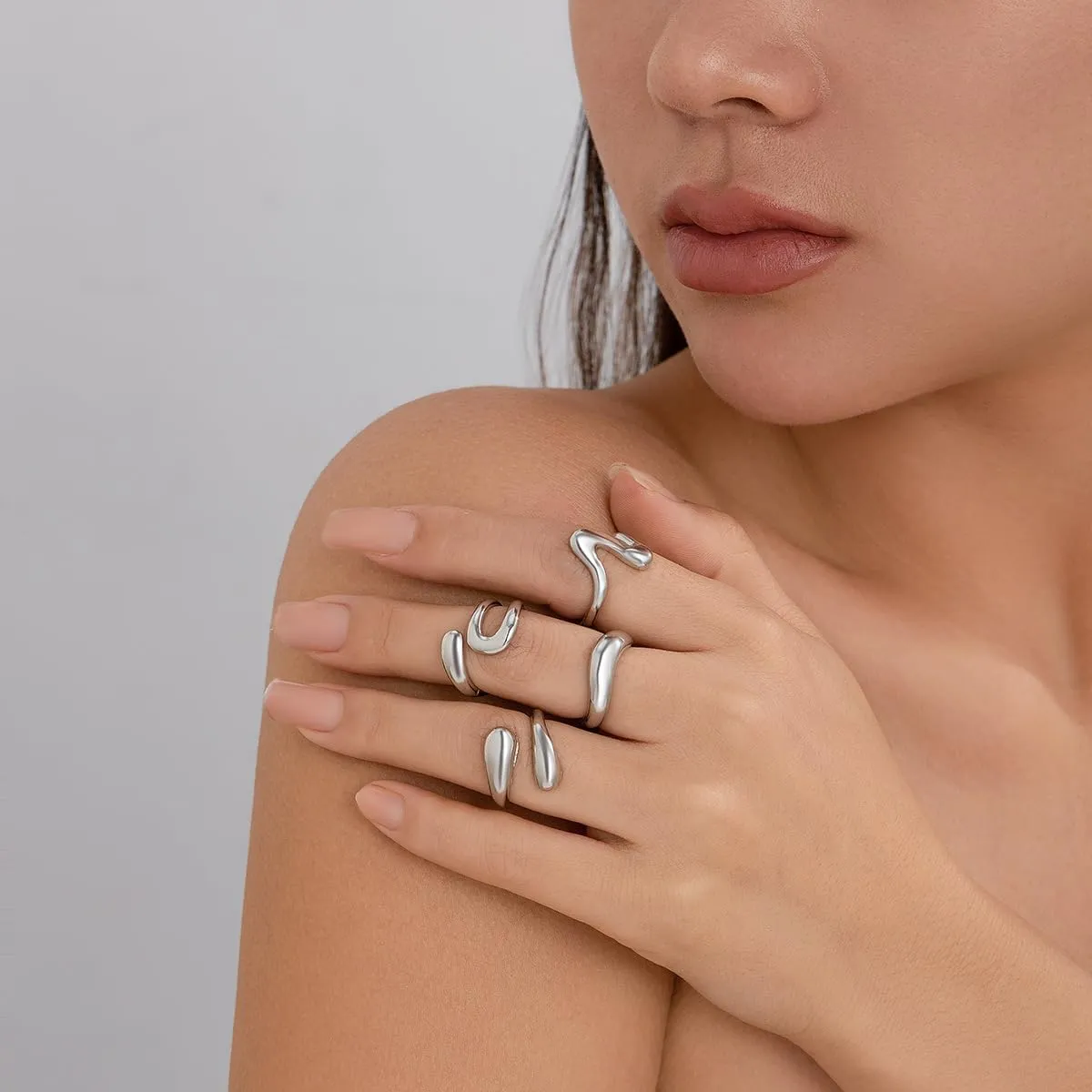 Chunky Gold and Silver Rings for Women - Adjustable Statement Open Bold Thick Stackable Rings Set - Gold Plated Jewelry