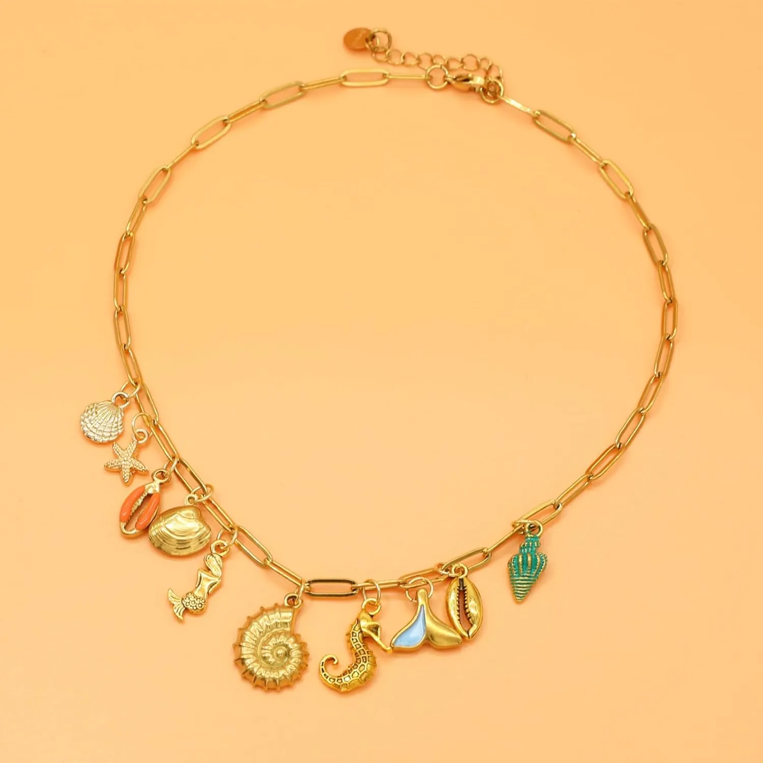 Chunky Gold Charm Necklace for Women DIY Fruit Seashell Beach Charm Necklaces Sun Moon Coins Silver Punk Paperclip Chain Necklaces