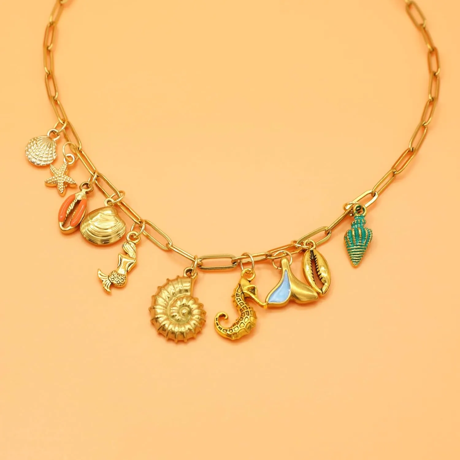 Chunky Gold Charm Necklace for Women DIY Fruit Seashell Beach Charm Necklaces Sun Moon Coins Silver Punk Paperclip Chain Necklaces