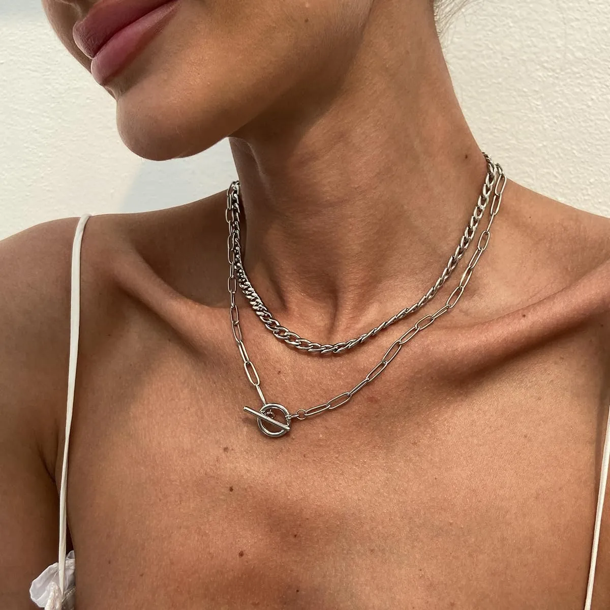 Chunky Gold Layered Necklaces for Women 14K Dainty Stacked Gold Chain Necklace, Trendy Cuban Link Paperclip Chain Toggle Clasp Necklace Fashion Jewelry for Women