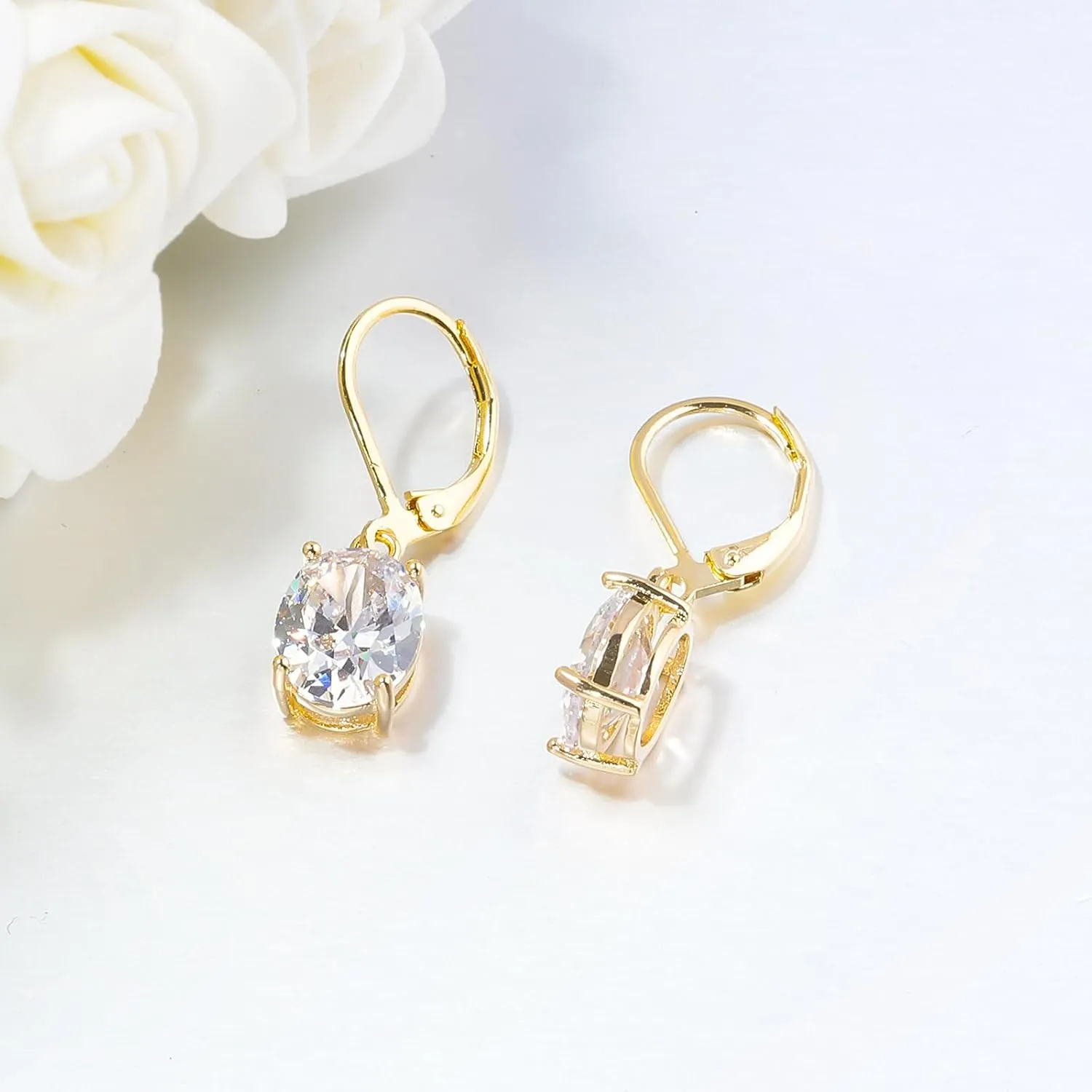 CiNily Cut-Oval Leverback Dangle Earrings for Women Hypoallergenic 14k White/Gold Plated Cubic Zircon Hanging Lever Earrings Lightweight Summer Drop Earrings Wedding Birthday Gifts Jewelry