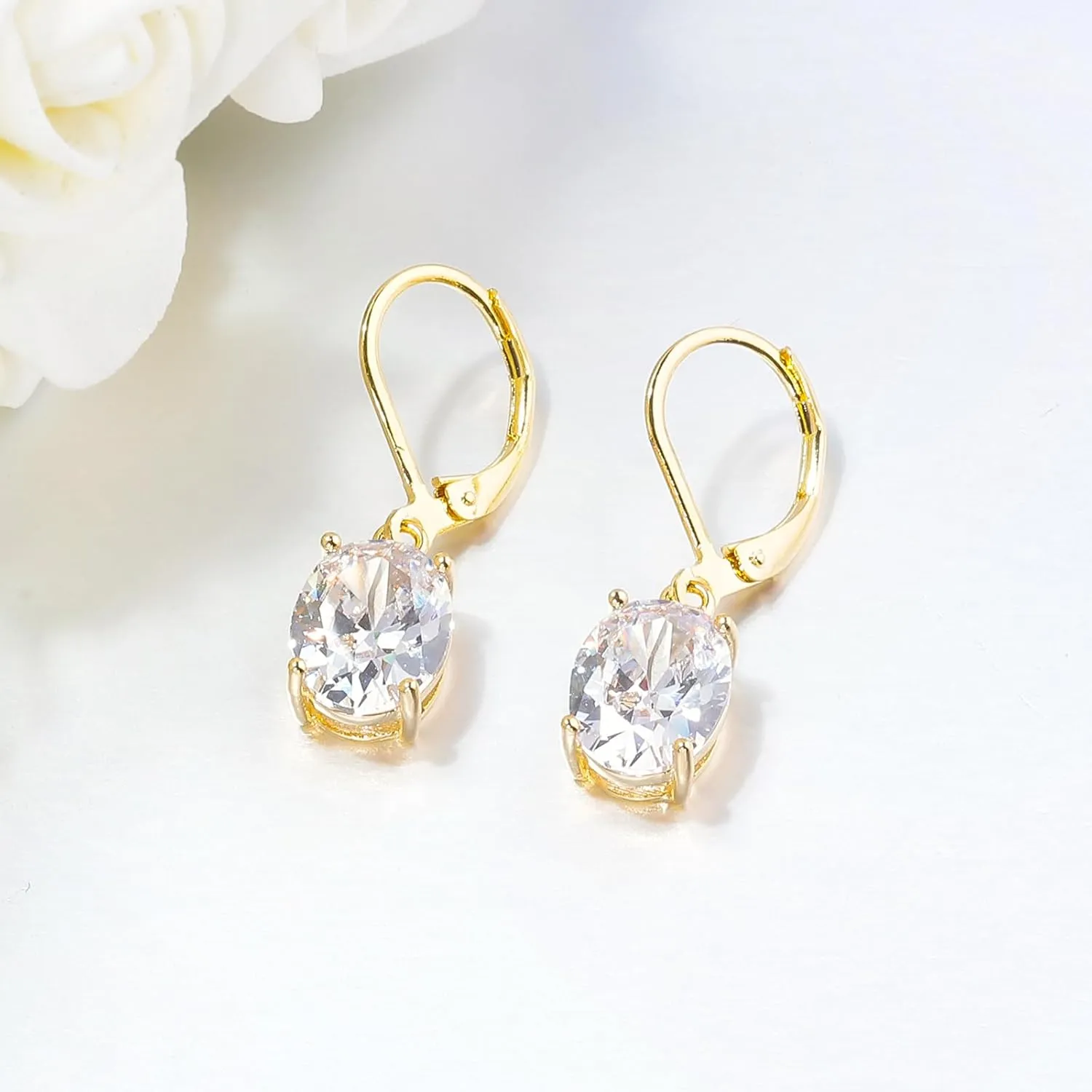 CiNily Cut-Oval Leverback Dangle Earrings for Women Hypoallergenic 14k White/Gold Plated Cubic Zircon Hanging Lever Earrings Lightweight Summer Drop Earrings Wedding Birthday Gifts Jewelry