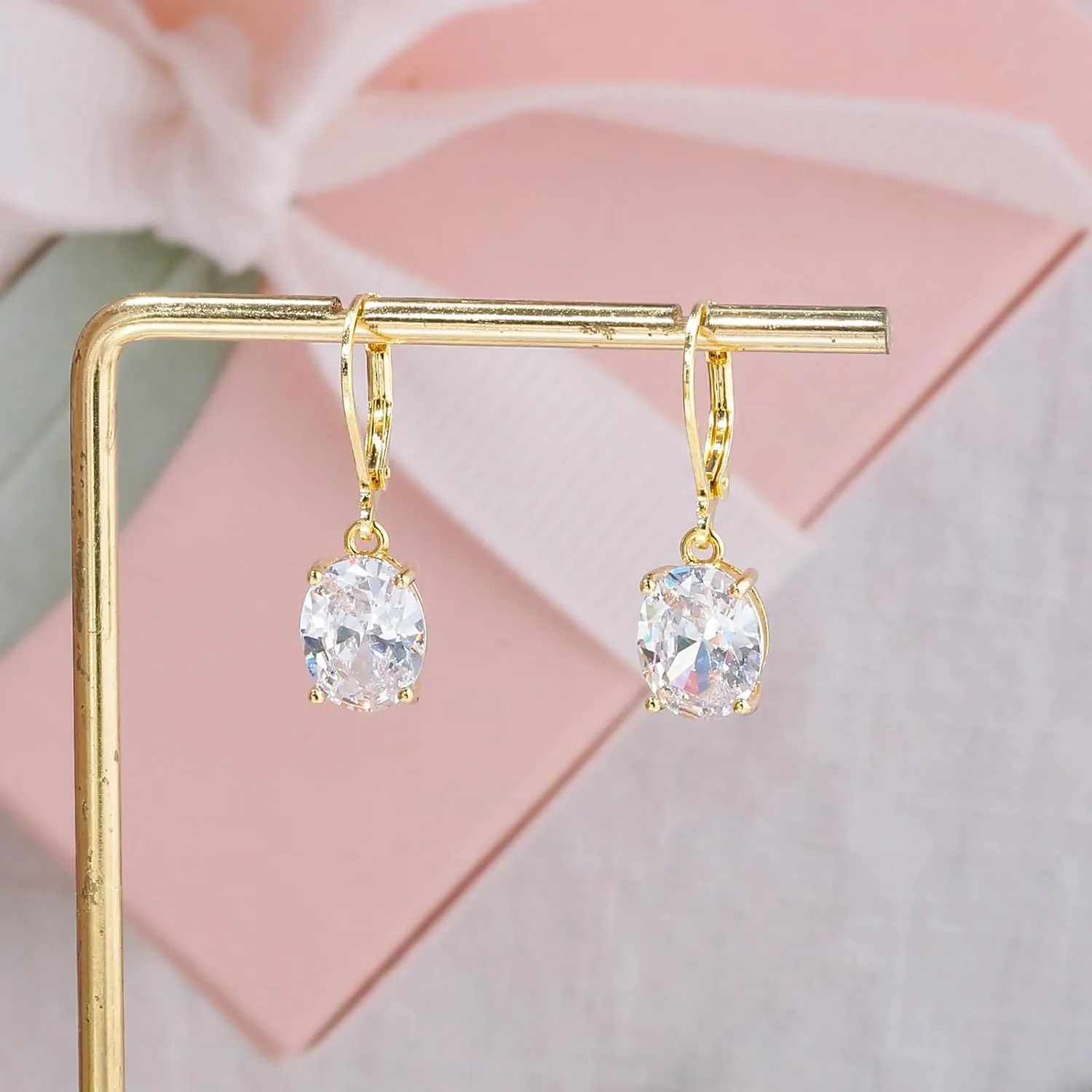CiNily Cut-Oval Leverback Dangle Earrings for Women Hypoallergenic 14k White/Gold Plated Cubic Zircon Hanging Lever Earrings Lightweight Summer Drop Earrings Wedding Birthday Gifts Jewelry